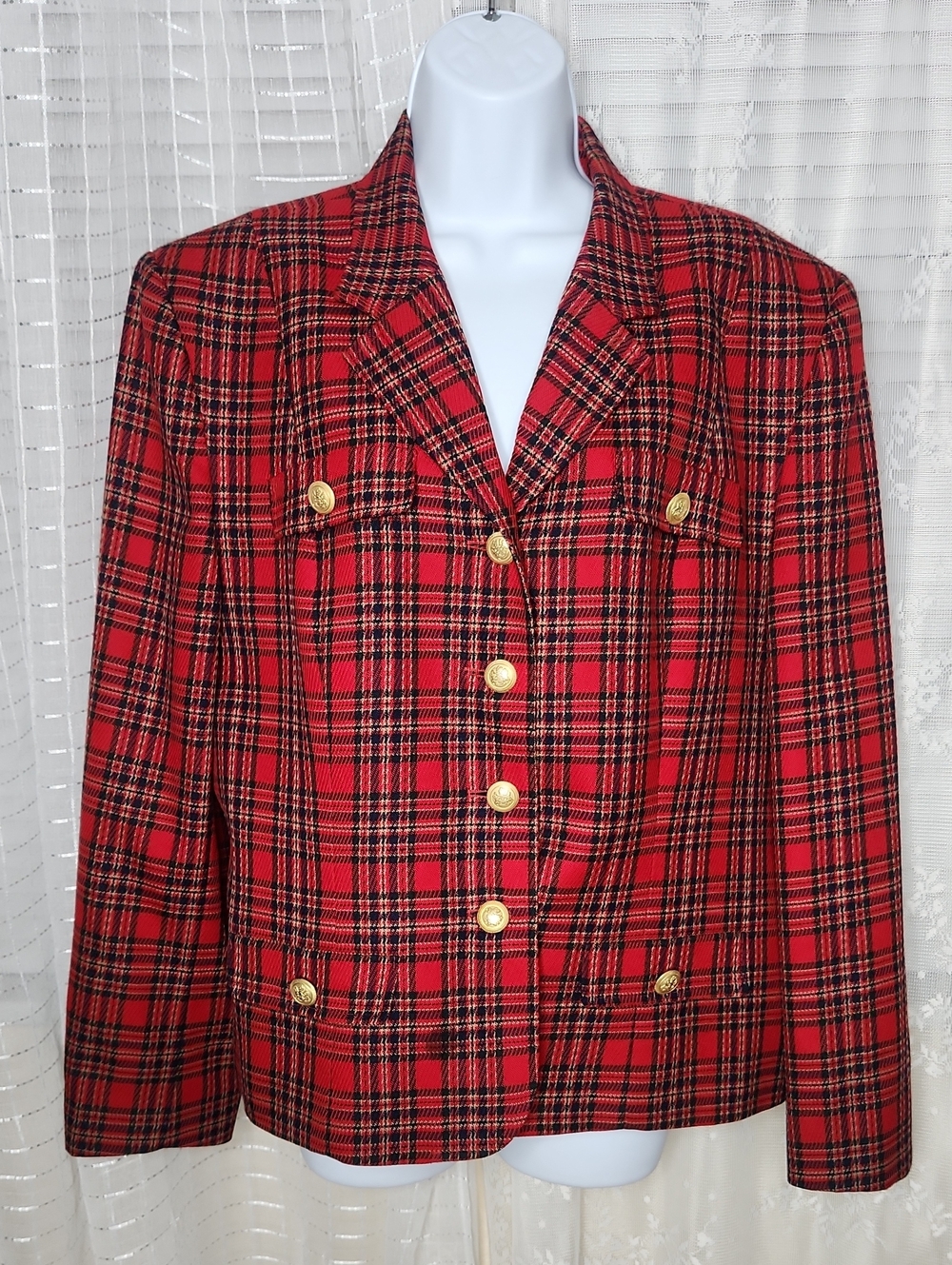 Pendleton Wool Blazer Multi Jacket Womens Red Plaid Vintage Gold Buttons Sz16